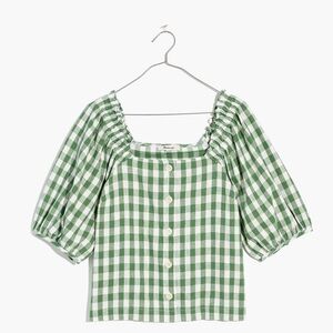 Madewell Linen-Cotton Square-Neck Button-Front Top in Gingham Check, Size M